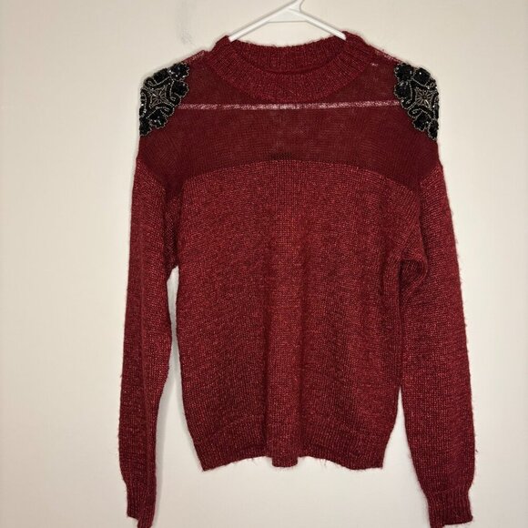 Selection Sweaters - SELECTION NEW Mock Neck Sweater Womens M Red Metallic Knit Applique Beads Sheer